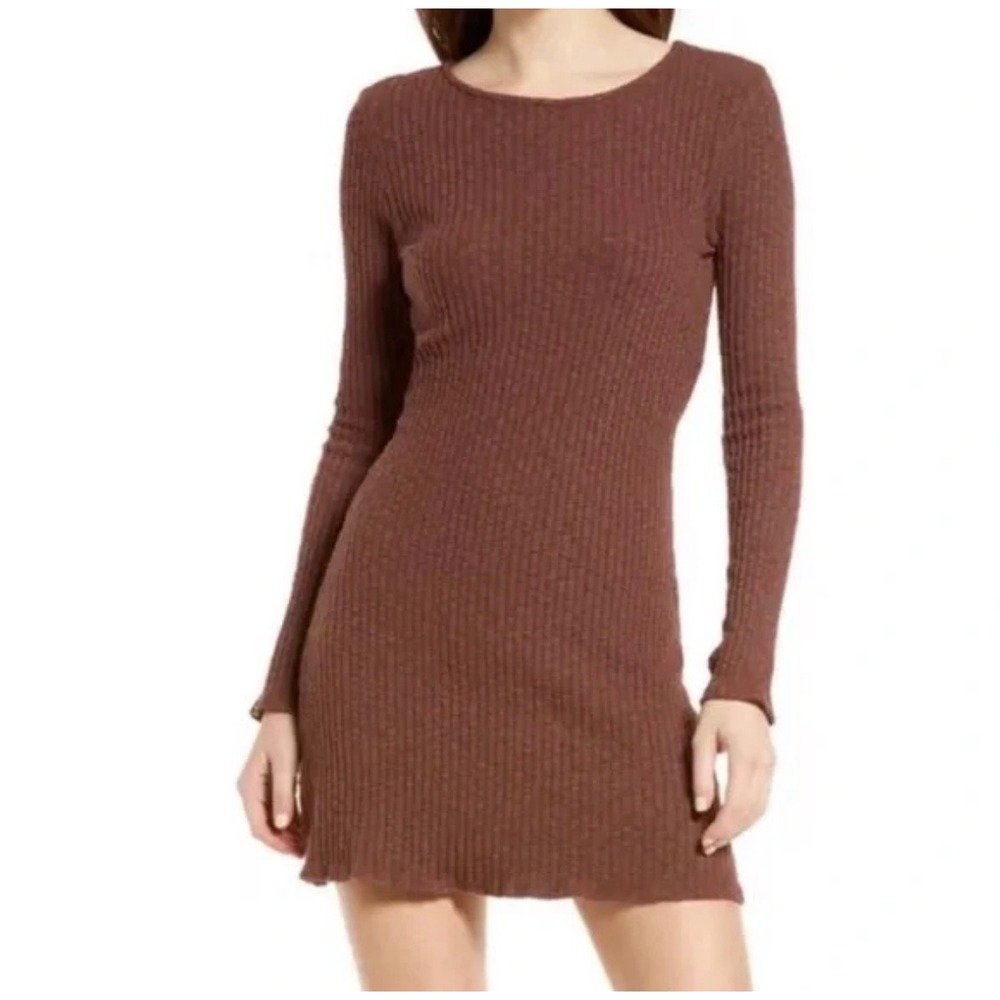 Lisa Says Gah Olivia Brown Ribbed Long Sleeve‎ Mini Dress Size Medium